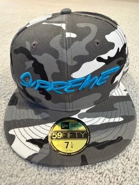 Supreme Grey Camo Fitted Hat with Blue Script